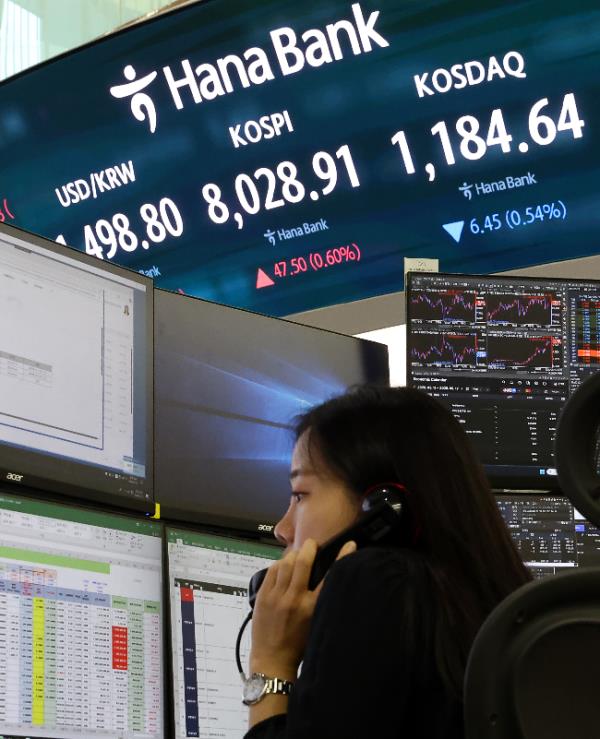 A  trader works at a Hana Bank dealing room in Seoul as an electronic board shows the Kospi trading at 8,028.91 on Friday morning. (Yonhap)